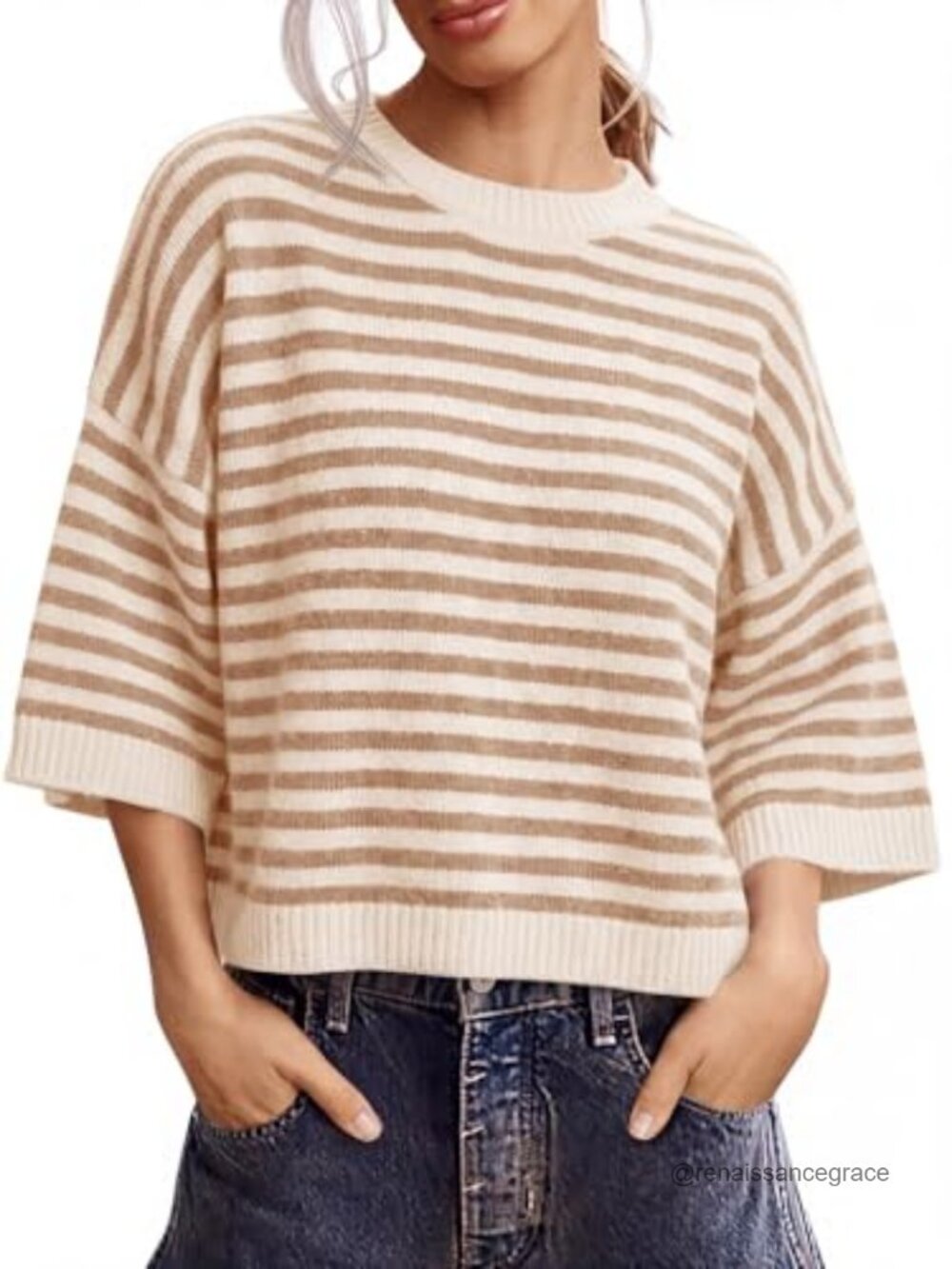 Oversized Striped Knit Sweater with Crewneck and Short Sleeves